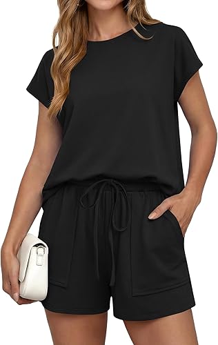 Vrtige Women's 2 Piece Outfits Round Neck Top and Shorts with Pocket Sets Suit B