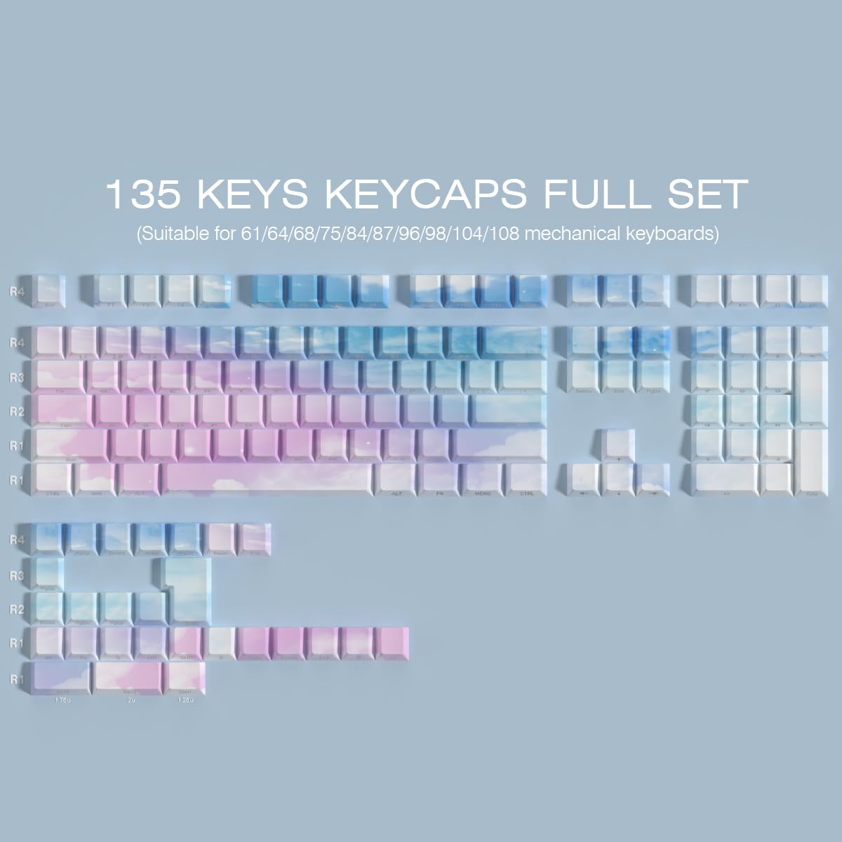 Nasadki klawiszy PBT - zestaw nasadek na klawisze gradientowe niebo, 133 klawisze Double Shot Shine Through Keycaps, profil wiśni, minimalistyczny styl, niestandardowa nasadka klawiszy do klawiatur