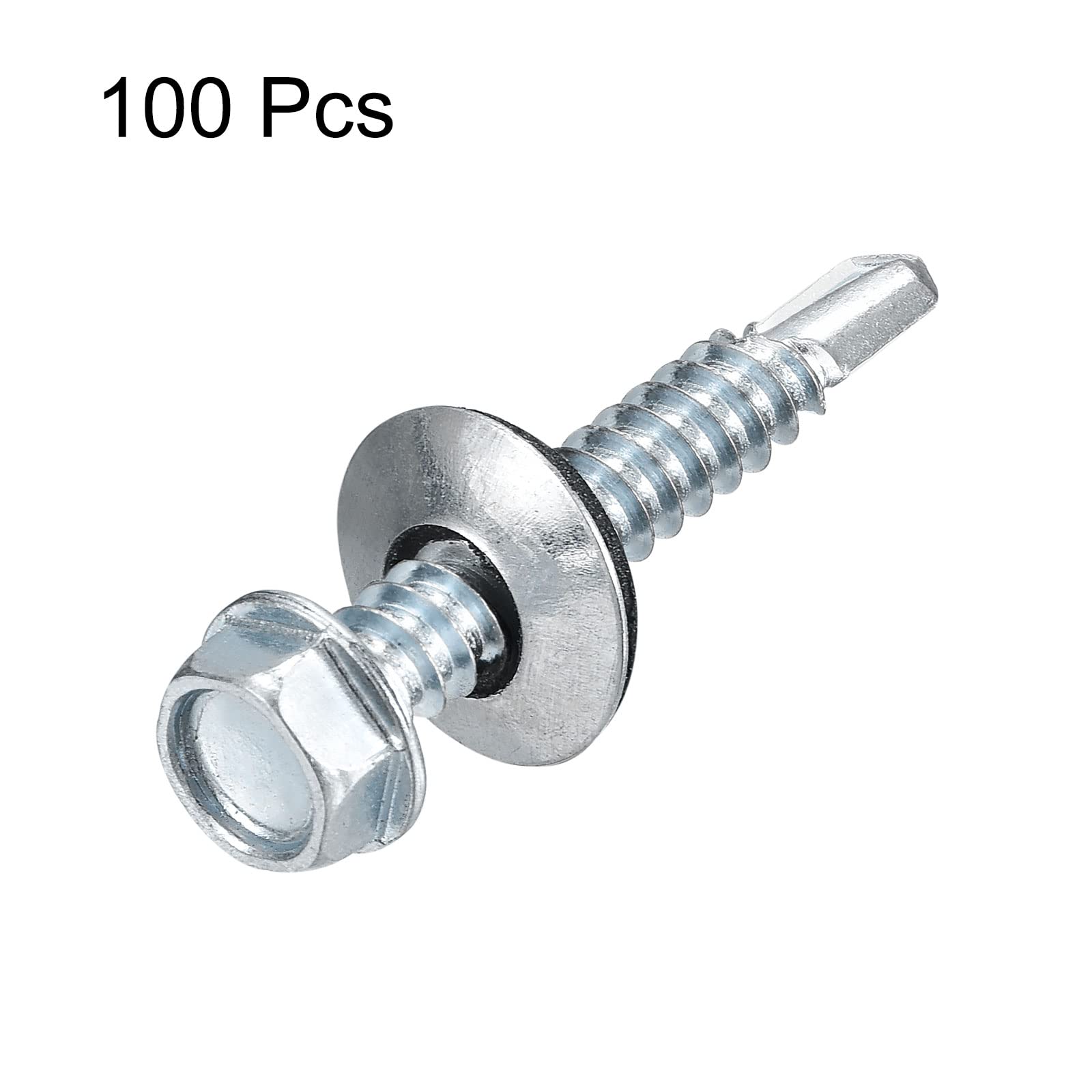 uxcell Tornillos autoperforantes de 1-1/2 pulgadas con arandela de goma, 100 tornillos autorroscantes de cabeza hexagonal con arandela EPDM para metal a metal