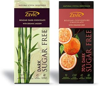 Zevic Chocolate with Organic Jaggery and 70% Dark Belgian Chocolate with Orange Zest and Stevia 40 gm - Pack of 2