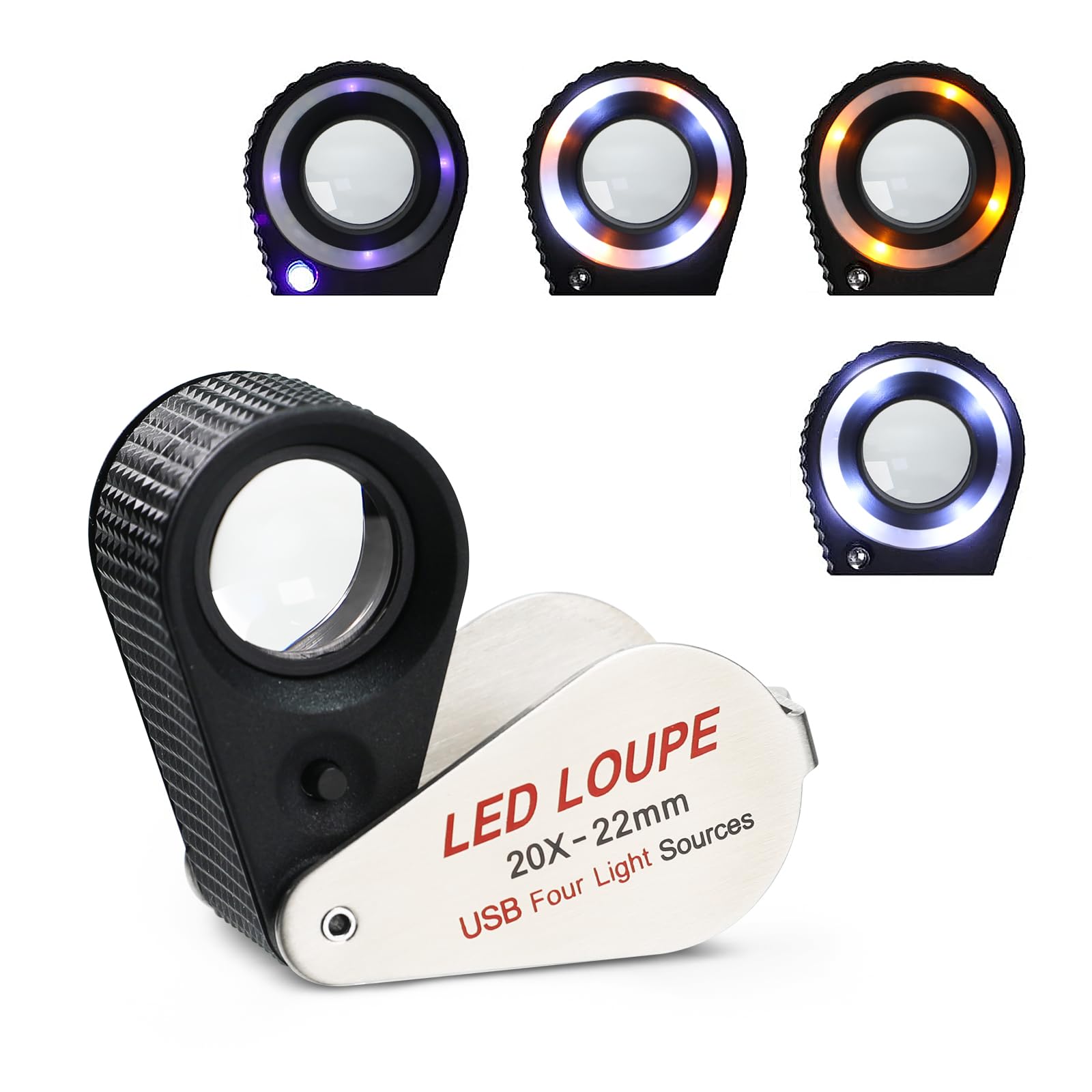 Rechargeable Jewelers Loupe 20X, Jewelry Loupe with UV & LED Light, Foldable Hasting Triplet Magnifier, Illuminated Eye Loop Jewelry Magnifying Glass for Gemstone, Coins and Stamps(4 Lights Mode) โ image 1