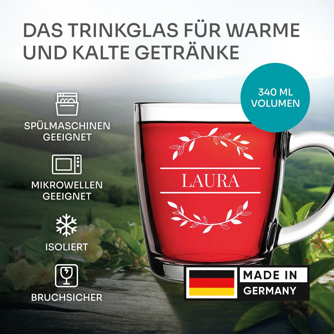 polar-effekt Teetasse aus Glas 340 ml 6 Stück mit Gravur - Teeglas mit Henkel - für warme und kalte Getränke - spülmaschinenfest und BPA-Frei