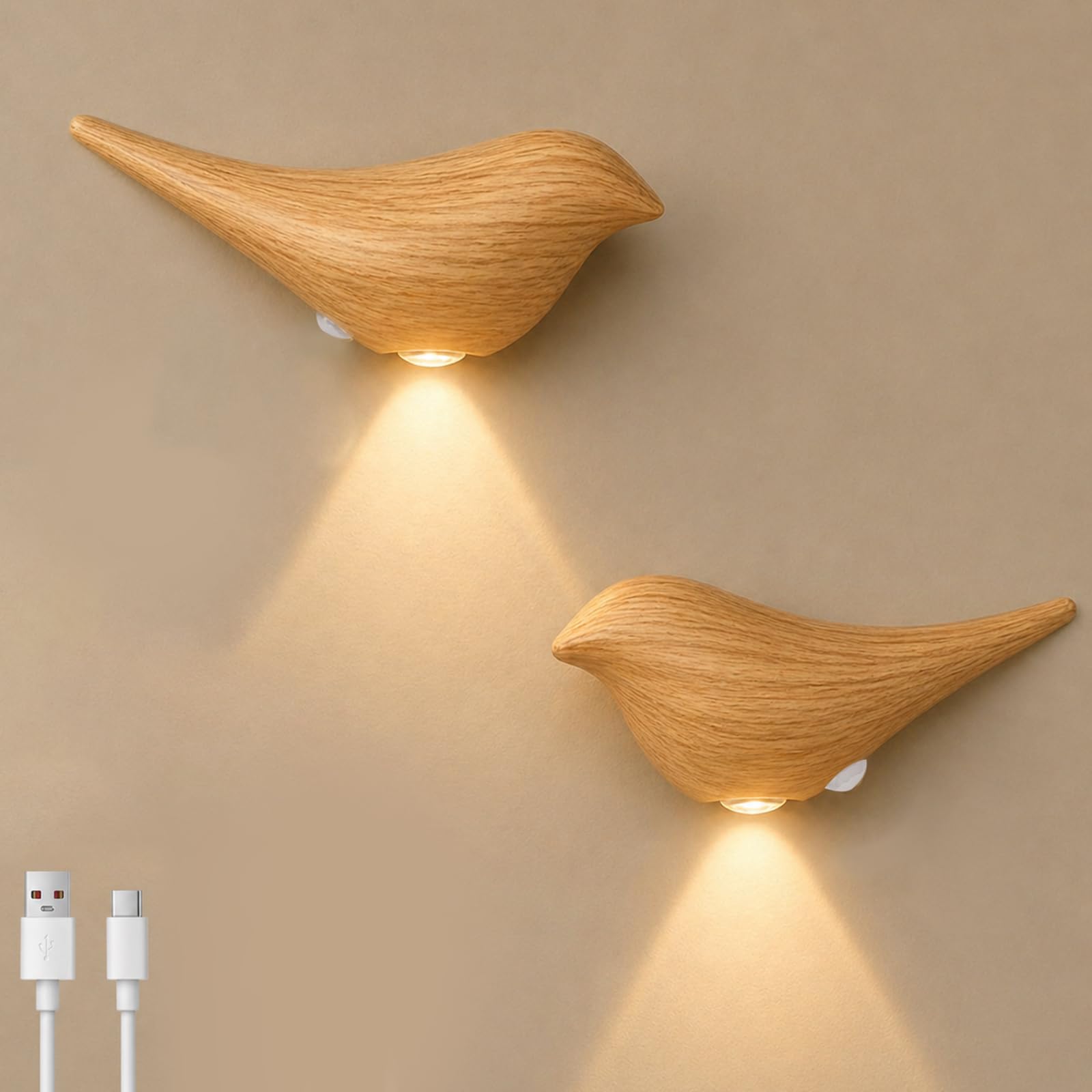 Lot de 2 veilleuses d'intérieur à détecteur de mouvement, rechargeables, sans fil, lampe murale magnétique en forme d'oiseau, lumières chaudes à piles pour chambre à coucher, chambre d'enfant