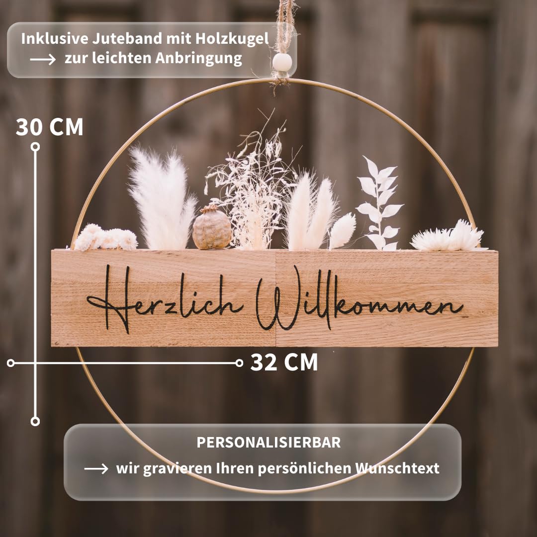 Türkranz Haustür Trockenblumen I Dekokranz ganzjährig I Willkommenskranz mit Herzlich Willkommen graviert I Türdekoration außen & innen I personalisierbar (Trockenblumen Naturtöne, Metallring 30cm)