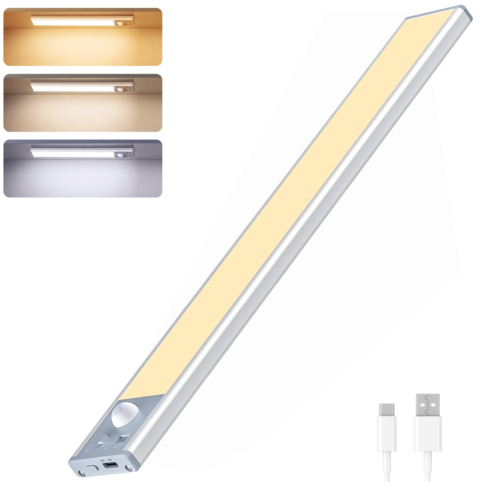 Unusroom Silver Upgrade Under Cabinet Kitchen Lights, Dimmable Motion Sensor Closet Lights 2500Mah Rechargeable Wall Lights100 Led Under Cupboard Lighting Wireless Stick On Wardrobe Stair Lights (1, 40Cm)