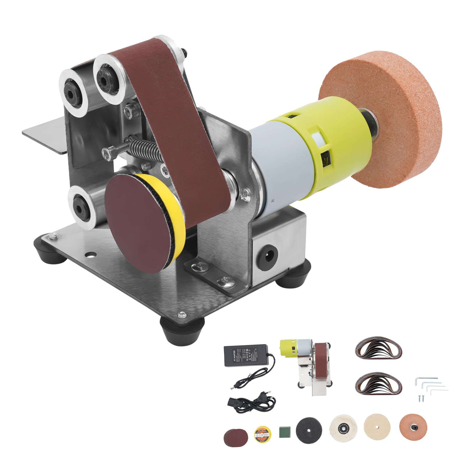 Mini levigatrice a nastro, 96 W, levigatrice a nastro elettrica, 7 marce, levigatrice da tavolo, smerigliatrice da 4500 – 8000 giri/min, per acciaio inossidabile, ferro, legno, ecc