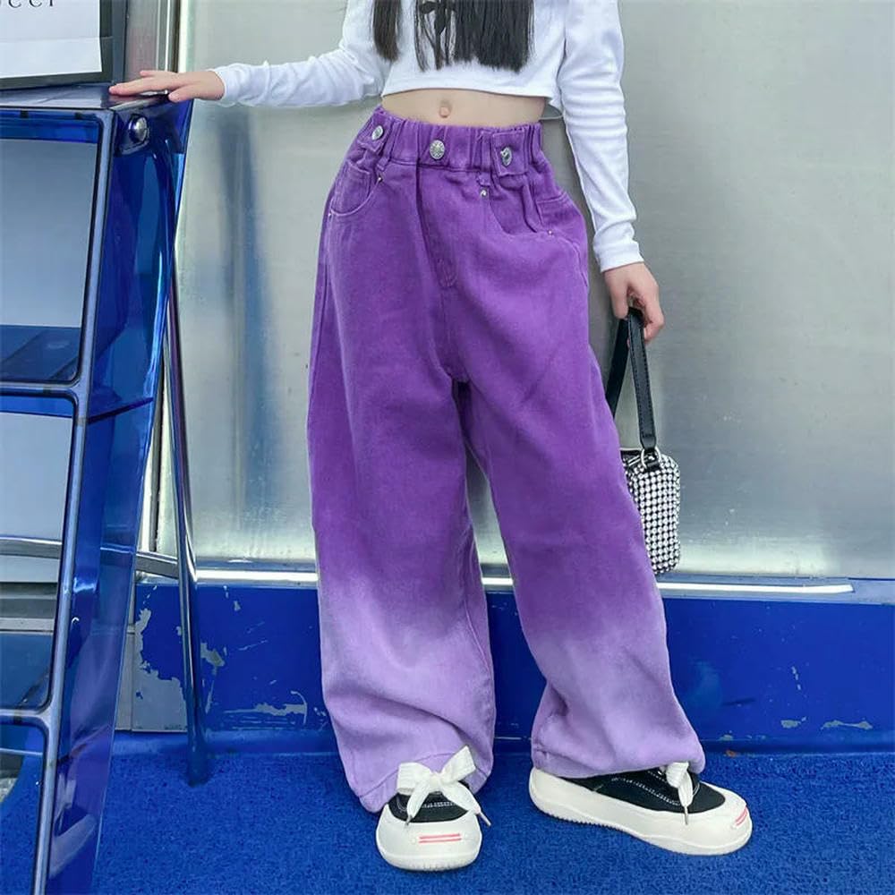 GLDFW 4-14 lat wiosna jesień dziewczęce dżinsy nastolatki gradient długi styl spodnie dziecięce jeansowe spodnie z szerokimi nogawkami ubrania dla dzieci