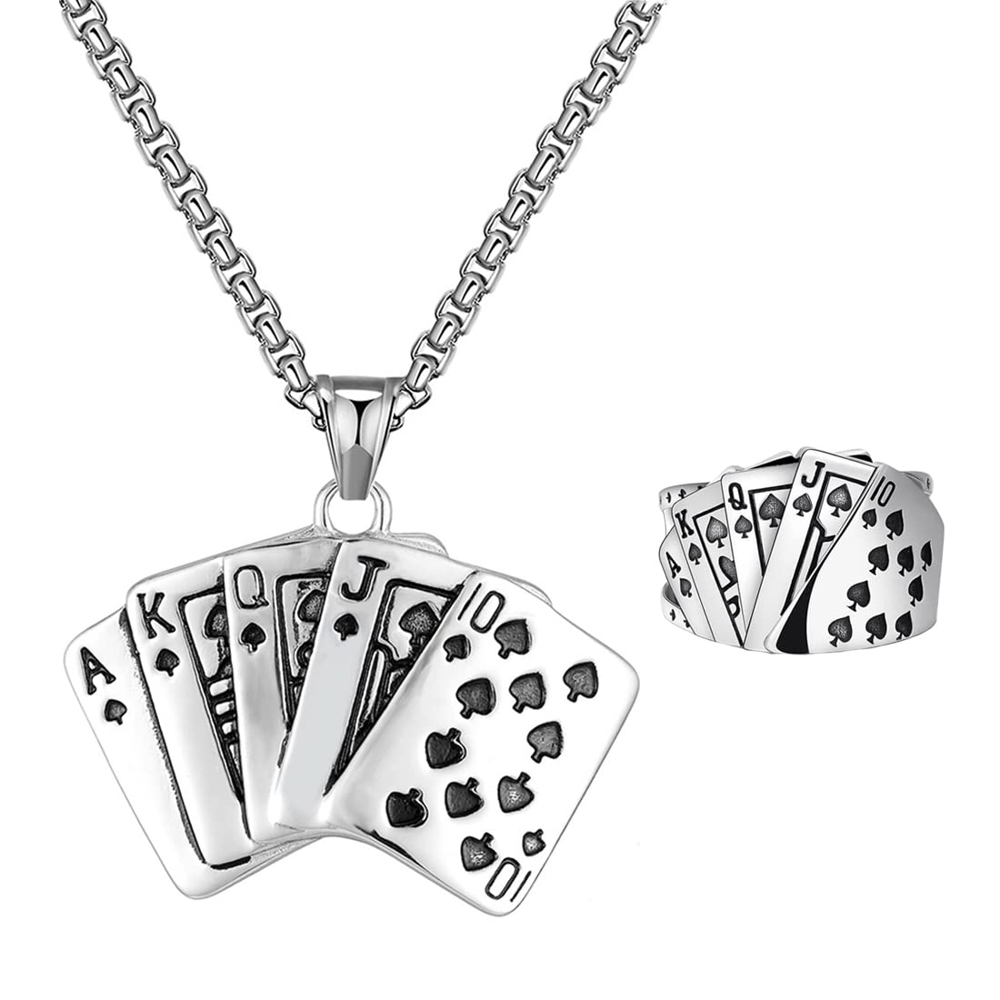 LiitataLiitata 2 Pcs Poker Card Pendant Necklace Rings Set Vintage Royal Flush Necklace Open Spade Ace Rings Gothic Rock Punk Chain Necklace for Men - Silver