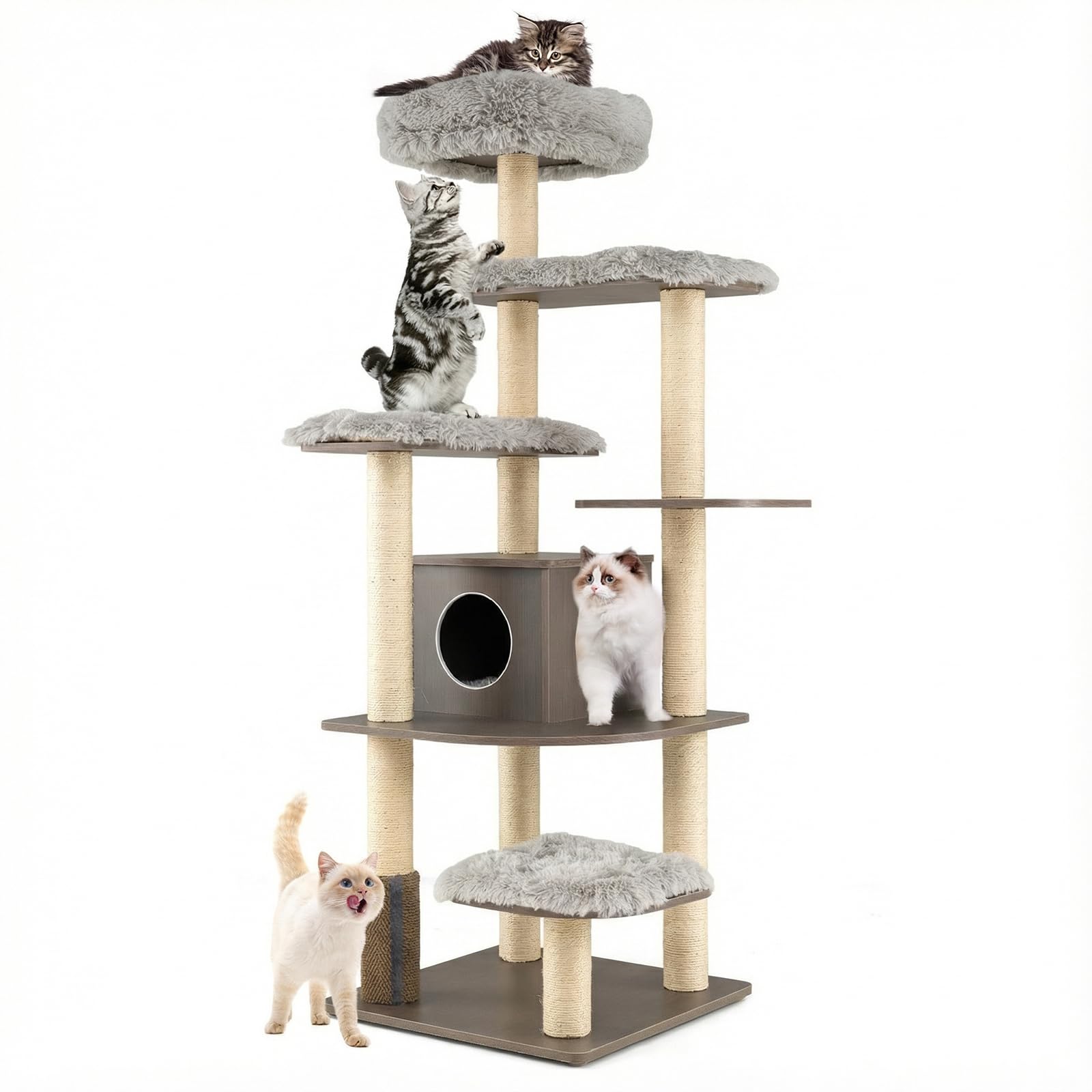 COSTWAY Wood Cat Tree, Tall Modern Cats Climbing Tower with Sisal Covered Scratching Posts, Washable Plush Cushions, Indoor Kitten Activity Furniture Play House (Grey)