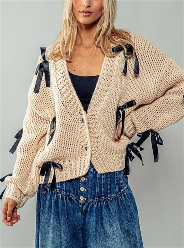 Thopavenoir Women's Y2k Bow Trim Cardigan Sweaters Long Sleeve Button Down Knit Jacket Oversized Pullover Coats Knitwear2