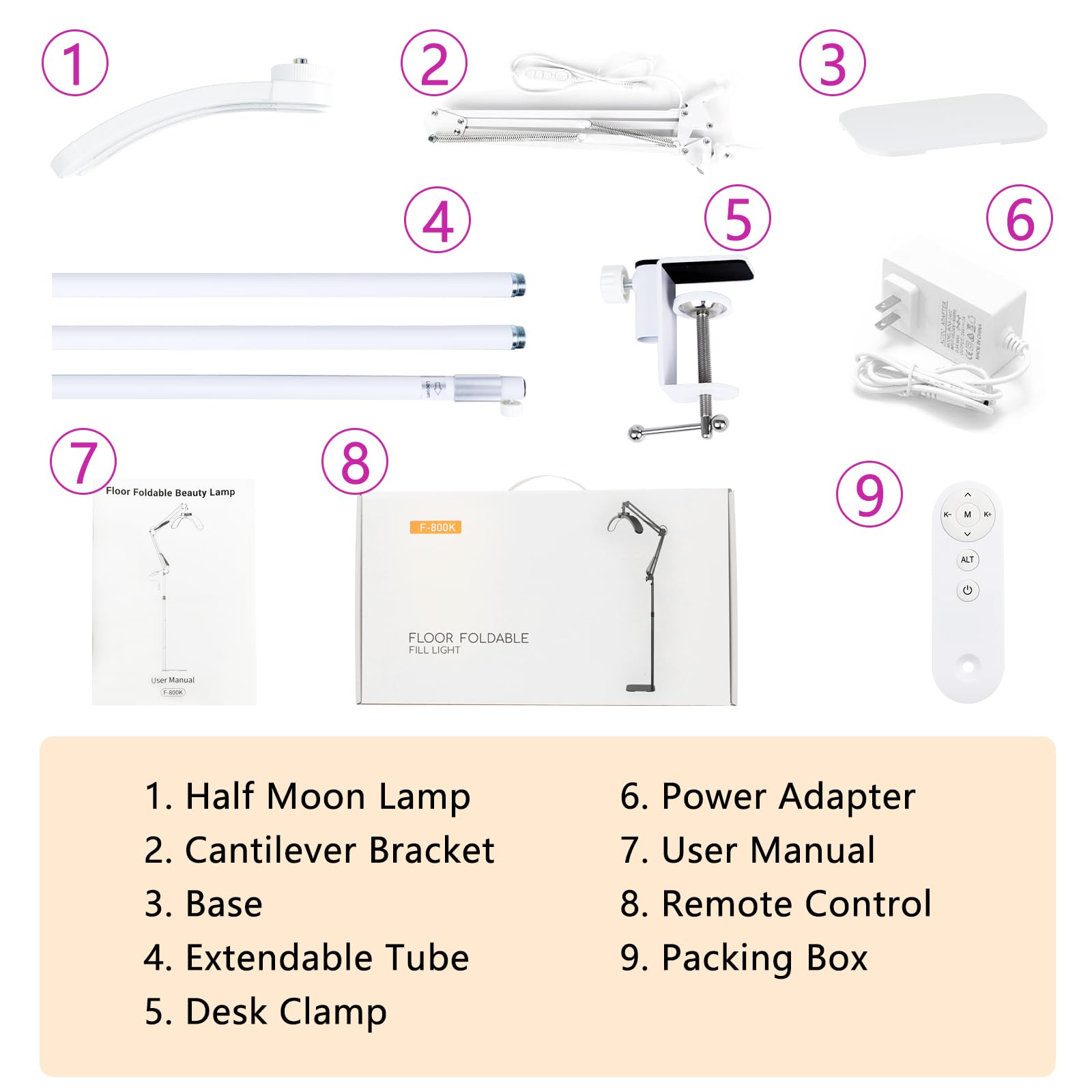 Lampe Extension de Cils Lampadaire LED, 2 in 1 Pliable Lampe Demi Lune avec Clips de Table pour Ongles, Dimmable Lampes Esthetique Professionnel pour Tatouage, Maquilleurs - Blanc