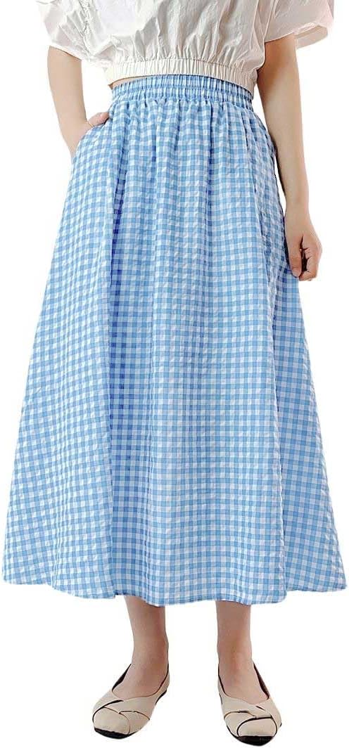 chouyatou Women's Casual Elastic Waist Plaid Skirt Gingham Swing Pleated Midi Long Skirt with Pockets
