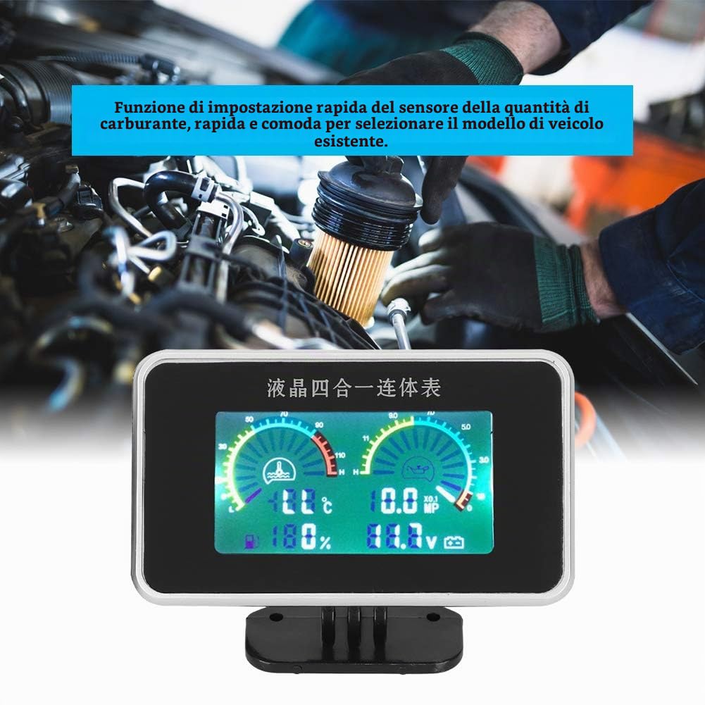 Display Digitale Auto 4in1 Voltmetro Carburante Temperatura DC 9V-36V per Monitoraggio Veicoli