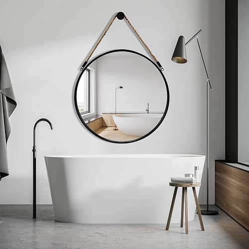 Miniatura 45 de POZINO Espejo redondo, espejo colgante de 24 pulgadas con cuerda, espejos de pared circular, marco negro, espejos de granja para baño, dormitorio