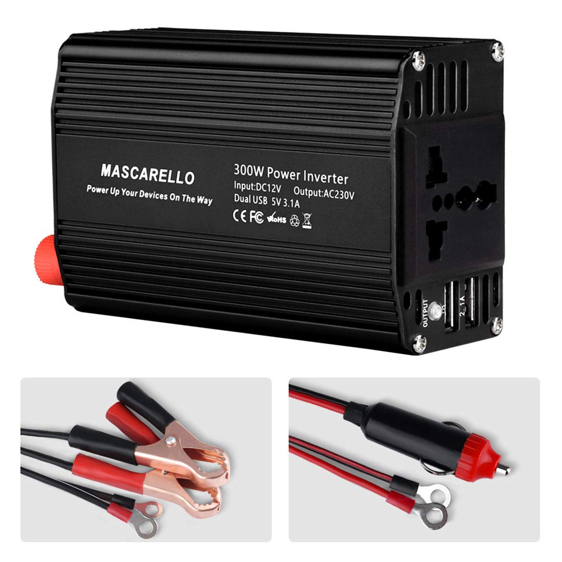 MASCARELLO 150W Car Power Inverter DC 12V to 220V 230V 240V AC Converter with AC Outlet and 5V/2.4A USB Car Charger for iPhone Laptop Notebook Camping Road Trip Must Have (300winverter-black)