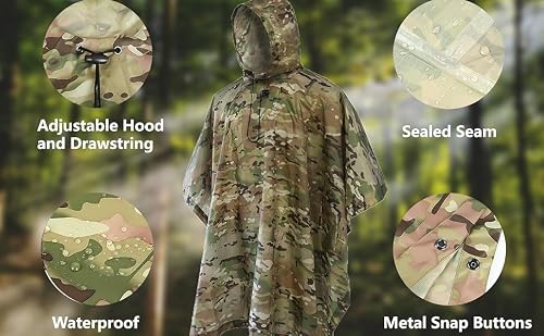 Fousam Camo Military Multicam Waterproof Hooded Adult Poncho Backpack Cover for Hunting Hiking Camping