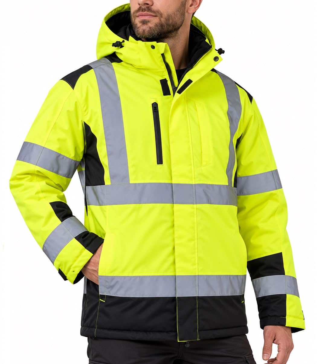 urgent Gefütterte Warnschutz Arbeitsjacke Herren – Winterjacke mit Kapuze URG-HV-LX491 reflektierend, gelb, wasserdicht, Sicherheitsjacke