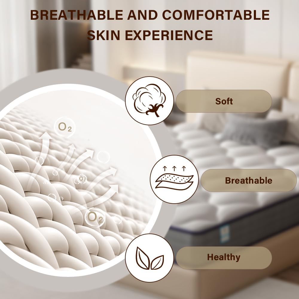 TEENO Matelas 140x190 cm Ressorts Ensaches, Matelas à mémoire de Forme et Ressorts,Matelas Ergonomique,Respirant,Hypoallergénique,Confort Ultra Moelleux,Soutien à Haut Rebond,140 x 190 x 20cm