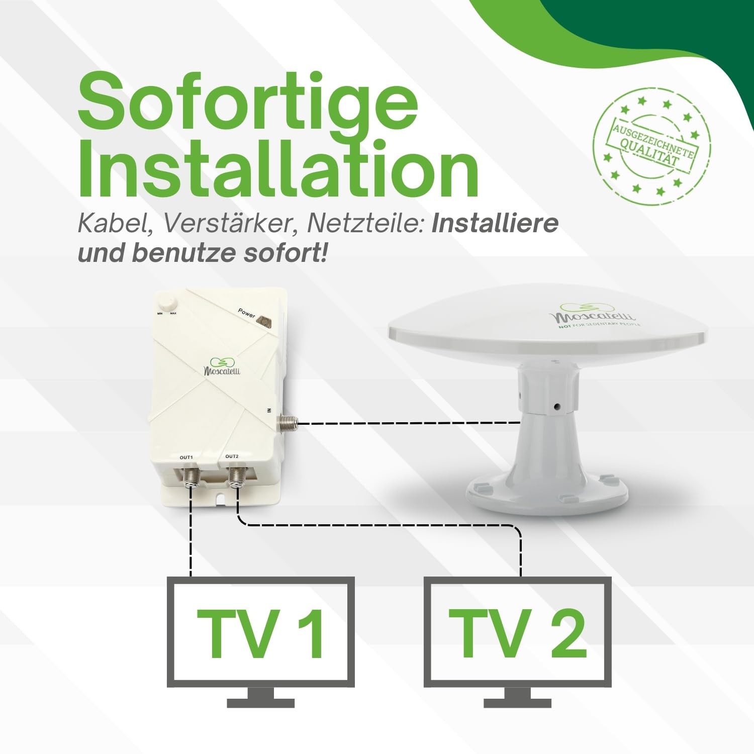MOSCATELLI Omnidirektionale terrestrische DVB DVBT2 Outdoor Camping Antenne für Wohnmobile und Wohnwagen - 12/24/220V - Kit mit Kabeln, Verstärker und LTE Filter. Wasserdicht, UV-Schutz