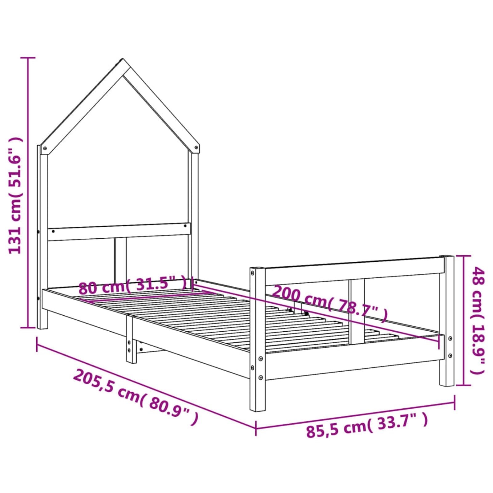 Rantry Holz Kinderbett Hausform Weiß 80x200 cm, für Kinder ab 4 Jahre, Montage erforderlich Model834565
