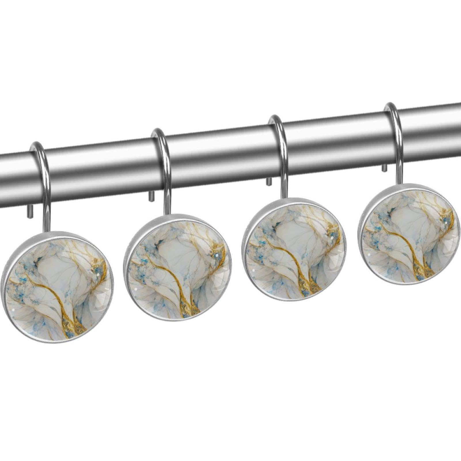 Abstract Luxury Blue Gold White Colors Marble Decorative Shower Curtain Hooks Rings Set of 12 Hooks for Shower Curtain Rustproof Curtain Rings for Bathroom