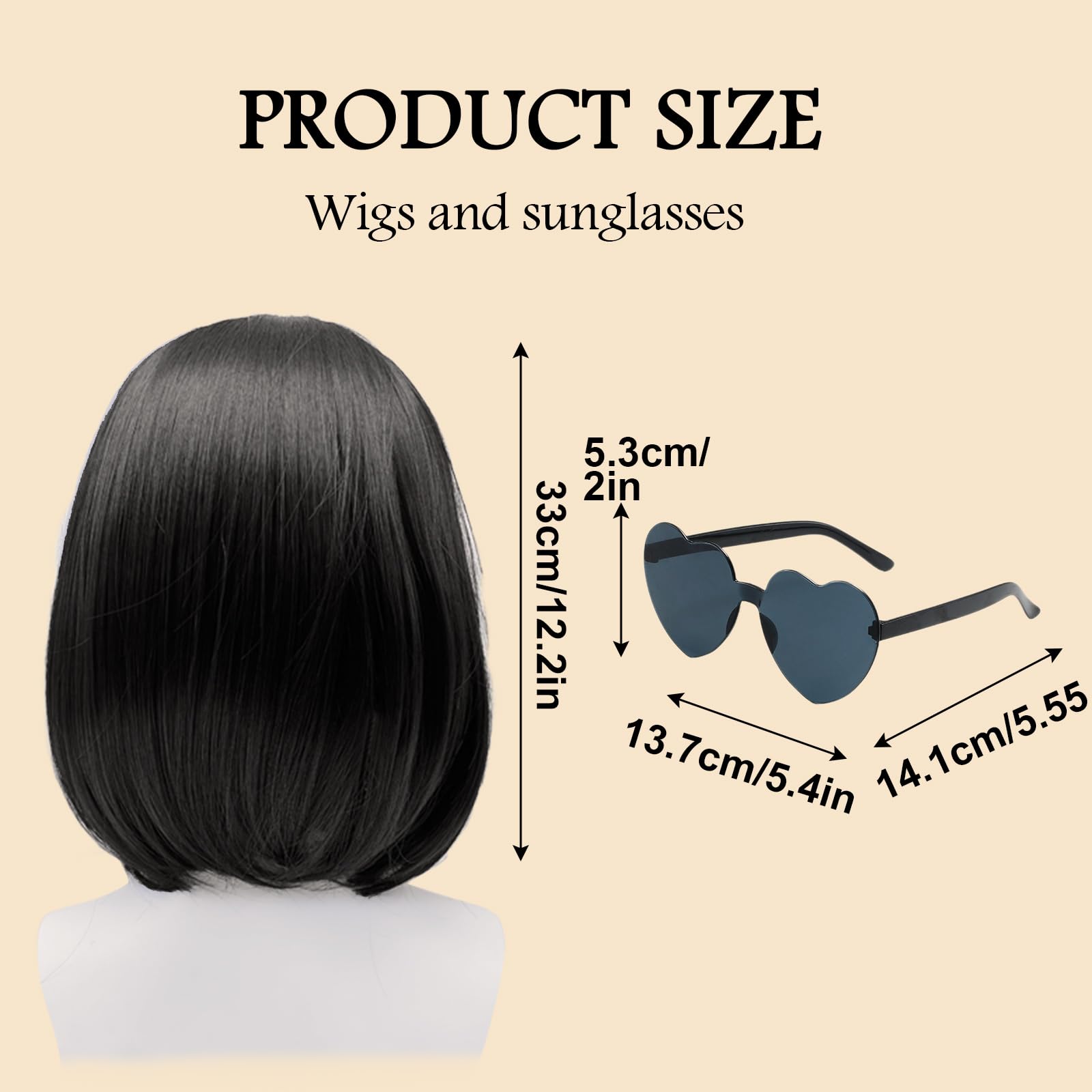 Parrucche da Festa e Occhiali da Sole per Donne Ragazza, 12 Pollice/ 30 cm Nero Lisci Parrucca Caschetto Bob Corto con Frange Sintetico Capelli per Costume Cosplay Halloween (Nero)