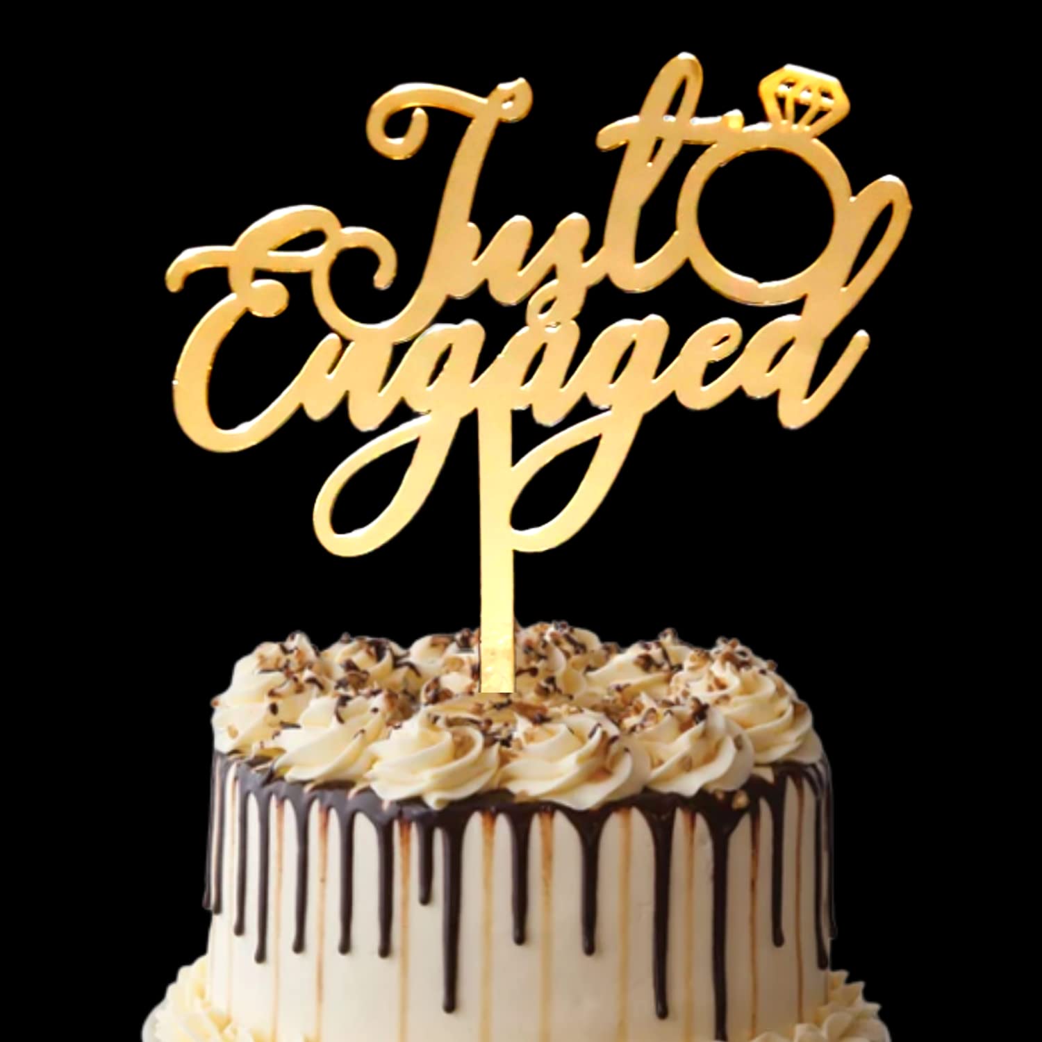 Party Decorz Just Engaged Cake Topper| Engagement Ring Cake Topper| 5 Inch,1pcs Golden Acrylic Ring Ceremony Cake Topper/Cupcake Topper