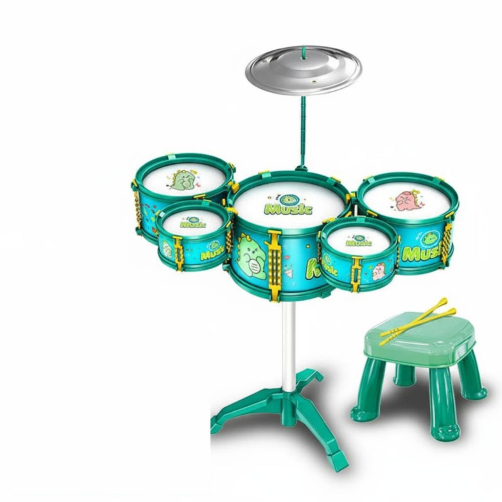 Kdjuope Children Drum Kids Drum Set Percussion Kit Toy Cymbal With Stool Tilted Drum Surface Stable Tripod Thickened PVC Heads Suitable for family parties weekend practice , Dinosaur Drum Set
