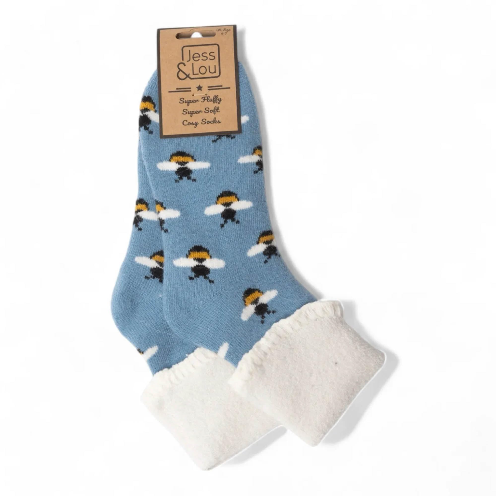 Jess & Lou Women's Blue Socks - Cosy Cuffs - Bees
