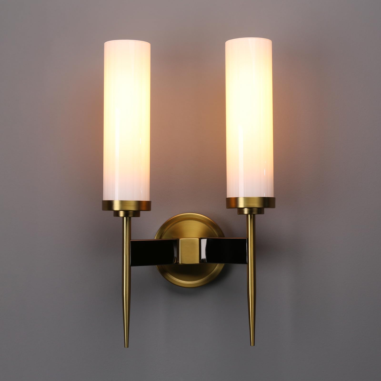Phansthy Antique Brass Wall Sconce Bathroom Vanity Light Wall Lighting with 2.8" Cyclinder White Glass Shade, Modern Sconces Wall Decor Light Fixtures for Bathroom Mirror Living Room Hallway Bedroom