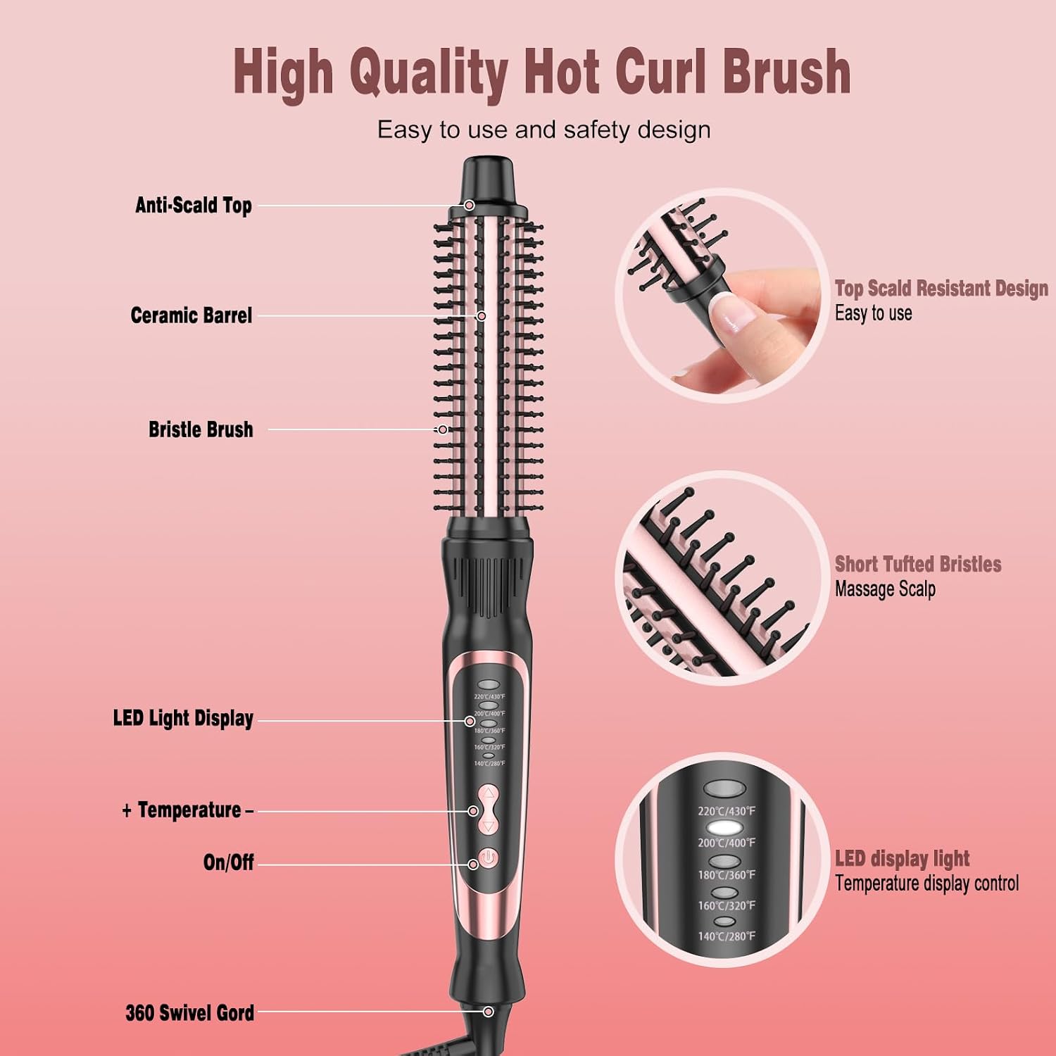 Thermal Brush, Heated Round Brush & Curling Iron with Ceramic Ionic Technology, Hair Tools for Volumizing & Styling, Travel-Friendly Hot Comb with Adjustable Temperature（Rose Gold 1 inch）