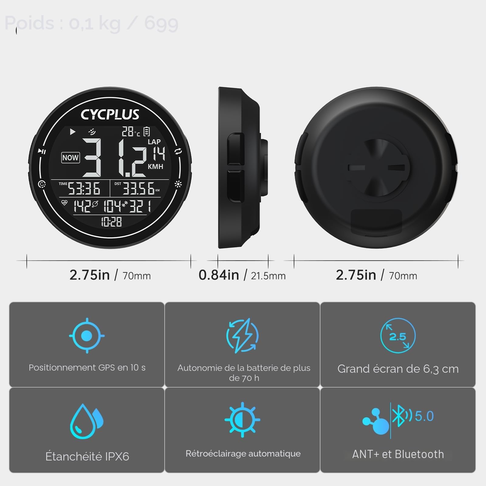 CYCPLUS Ordinateur de vélo GPS - Ordinateur de vélo sans Fil étanche IPX6 - Tacho de vélo Ant+ - Ordinateur de vélo sans Fil Bluetooth 5.0 - Compatible avec Strava