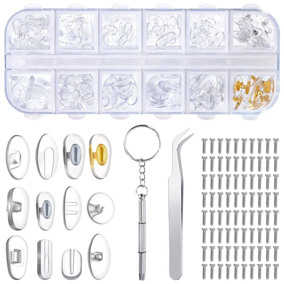 YUUSIKCO Kit de Reparación de Gafas - Almohadillas Gafas, 60 Pares Almohadillas de Nariz para Gafas Silicona Enroscables, Almohadillas Nasales para Gafas, con Tornillos Pinzas y Paño de Limpieza