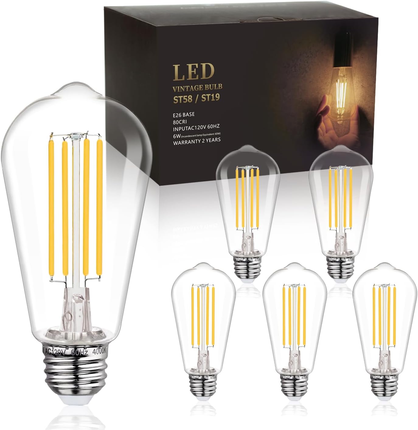 BORT ST58/ST19 Vintage LED Edison Bulbs, 6W Equivalent 60W Filament Light Bulbs, Dimmable 700LM, E26 Base LED Bulbs, Clear Plastic (Daylight White, 6 Pack)