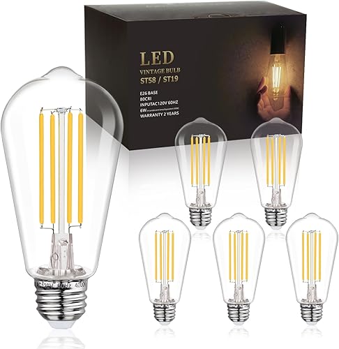 Miniatura 12 de BORT ST58/ST19 - Bombillas LED Edison vintage, blanco cálido 2700 K, bombillas Edison regulables de 6 W, equivalente a 60 W, 700 LM, bombilla LED de