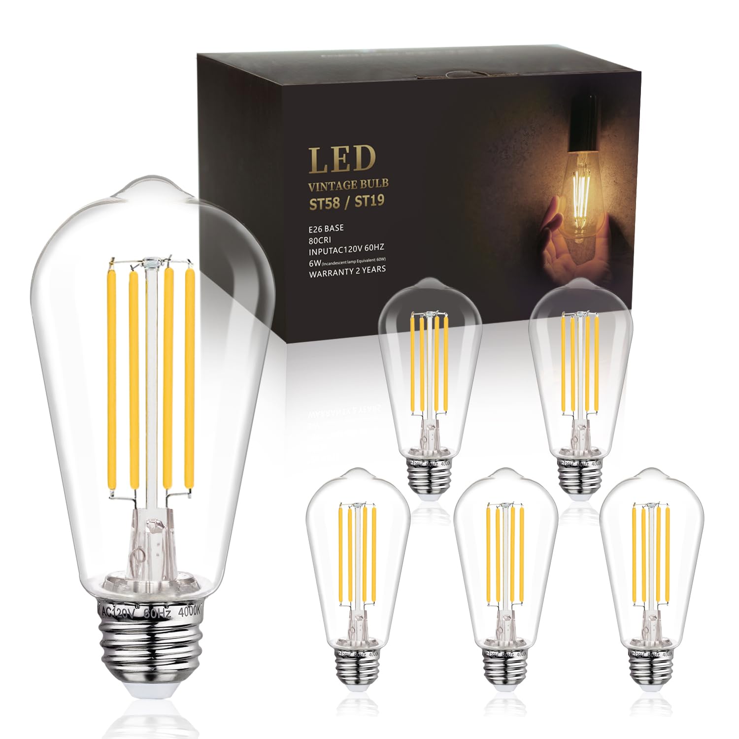 BORT 6 Pack Dimmable ST58 Vintage LED Edison Bulbs 6W Equivalent