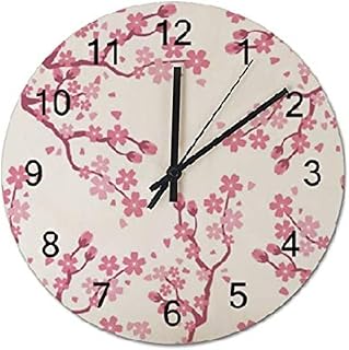 ArogGeld Pink Japanese Floral Wall Clock Cherry Blossom Wood Clock 10 Inch Silent Non-Ticking Wooden Wall Clocks Battery Operated Living Room Bedroom Kitchen Farmhouse Decor Christmas Birthday Gift