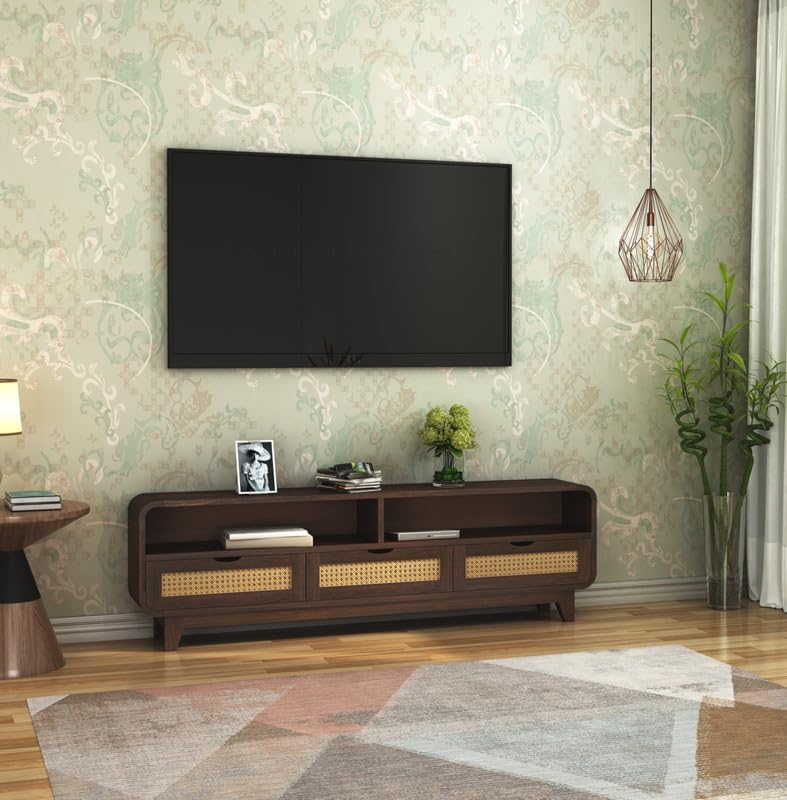Sheesham Wood TV Cabinet Stand with 3 Cane Drawers and 2 Shelves | Multipurpose Wooden TV Entertainment Unit with Storage for Living Room, Bedroom, Office and Home Furniture (Walnut Finish) Sheesham Wood TV Cabinet Stand with 3 Cane Drawers and 2 Shelves | Multipurpose Wooden TV Entertainment Unit with Storage for Living Room, Bedroom, Office and Home Furniture (Walnut Finish)