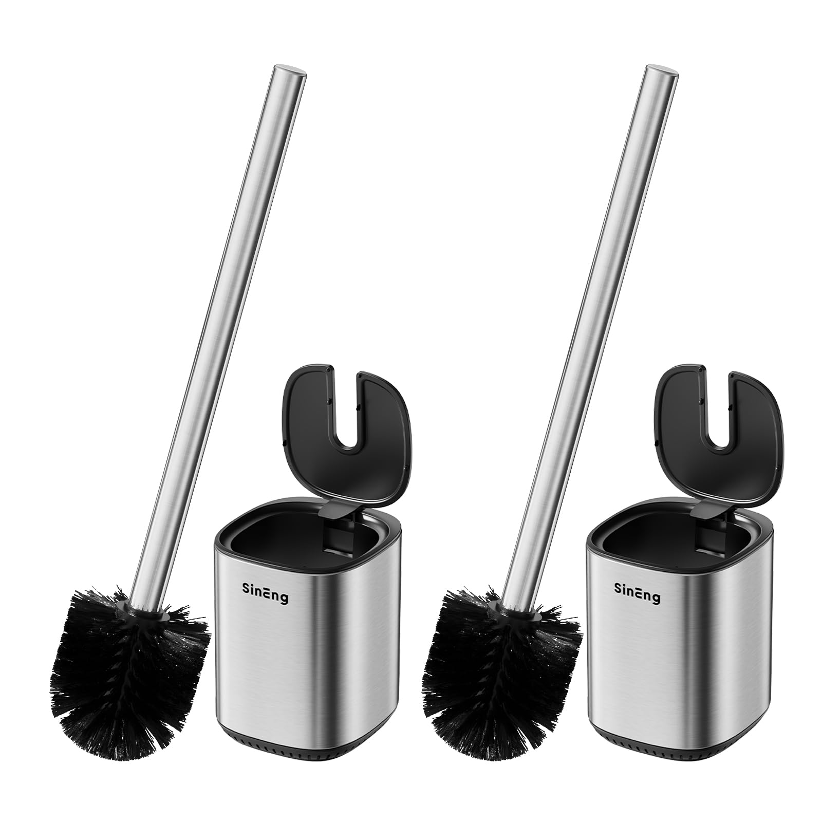 Toilet Brush and Holder Set Toilet Bowl Brush Stainless Steel Automatic Toilet Bowl Cleaner Brush with Durable Bristle Head Toilet Cleaning Brush for Bathroom (2, Stainless Steel)