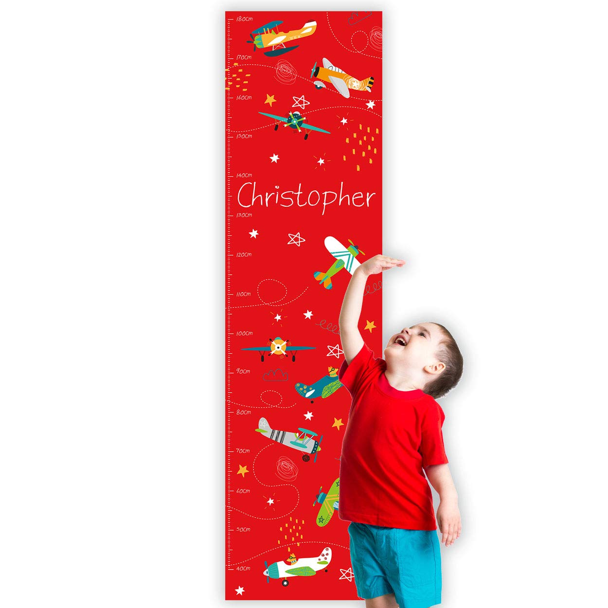 Paper Themes Personalised Height Chart for Kids Nursery Wall, or Bedroom - Red Aeroplane — image 1