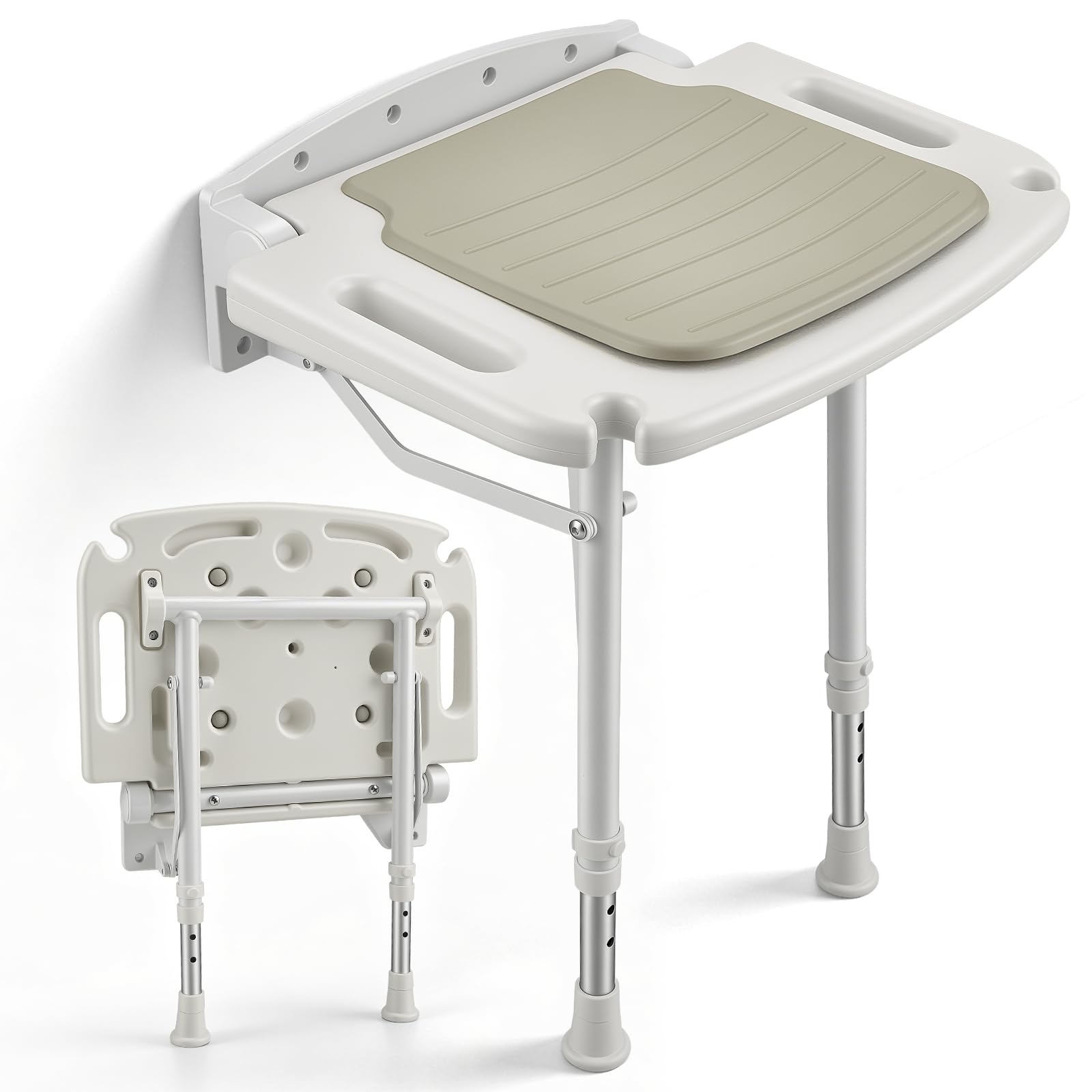 Asiento de ducha plegable montado en la pared, capacidad de 150 kg, 8 ajustes de altura preestablecidos, mango integrado oculto, soportes de ducha dobles integrados, banco de baño resistente