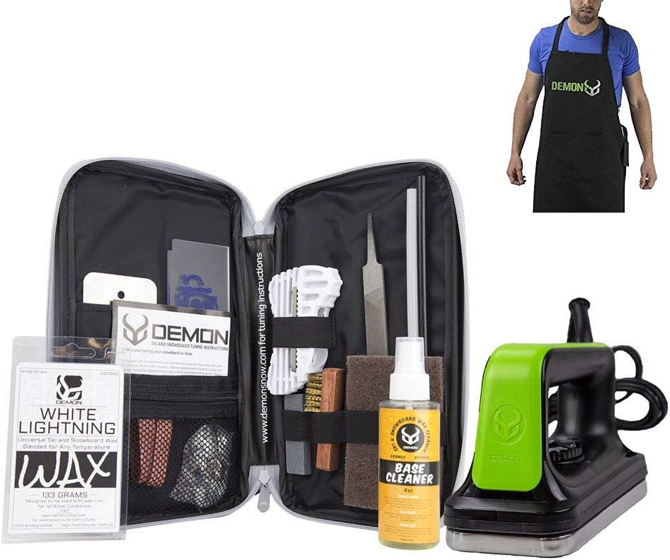 - Demon Mechanic Ski and Snowboard Tuning Wax Kit with Universal Wax, Base Cleaner, Demon Slide Waxing Iron and Waxing Apron