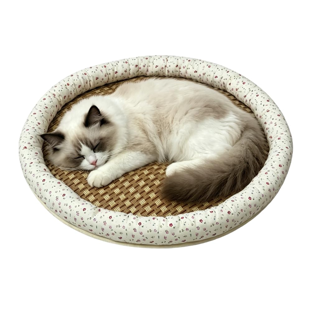 Kühlmatte für Katzen, 38cm Rundes Haustierbett aus Rattan, Atmungsaktives Sommer-Schlafkissen mit Blumenmuster, Rutschfestes Baumwoll-Leinen Hundebett