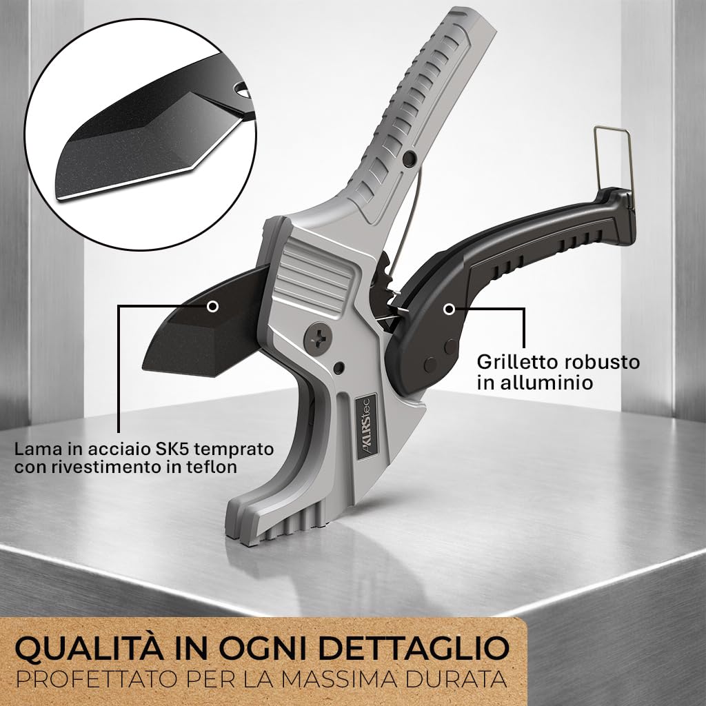 KLRStec Set tagliatubi professionale per tubi in PVC ProSlice 4200 (42 mm / 1-5/8") Tagliatubi a Cricchetto – Include Lama di Ricambio e Custodia in Nylon con Clip
