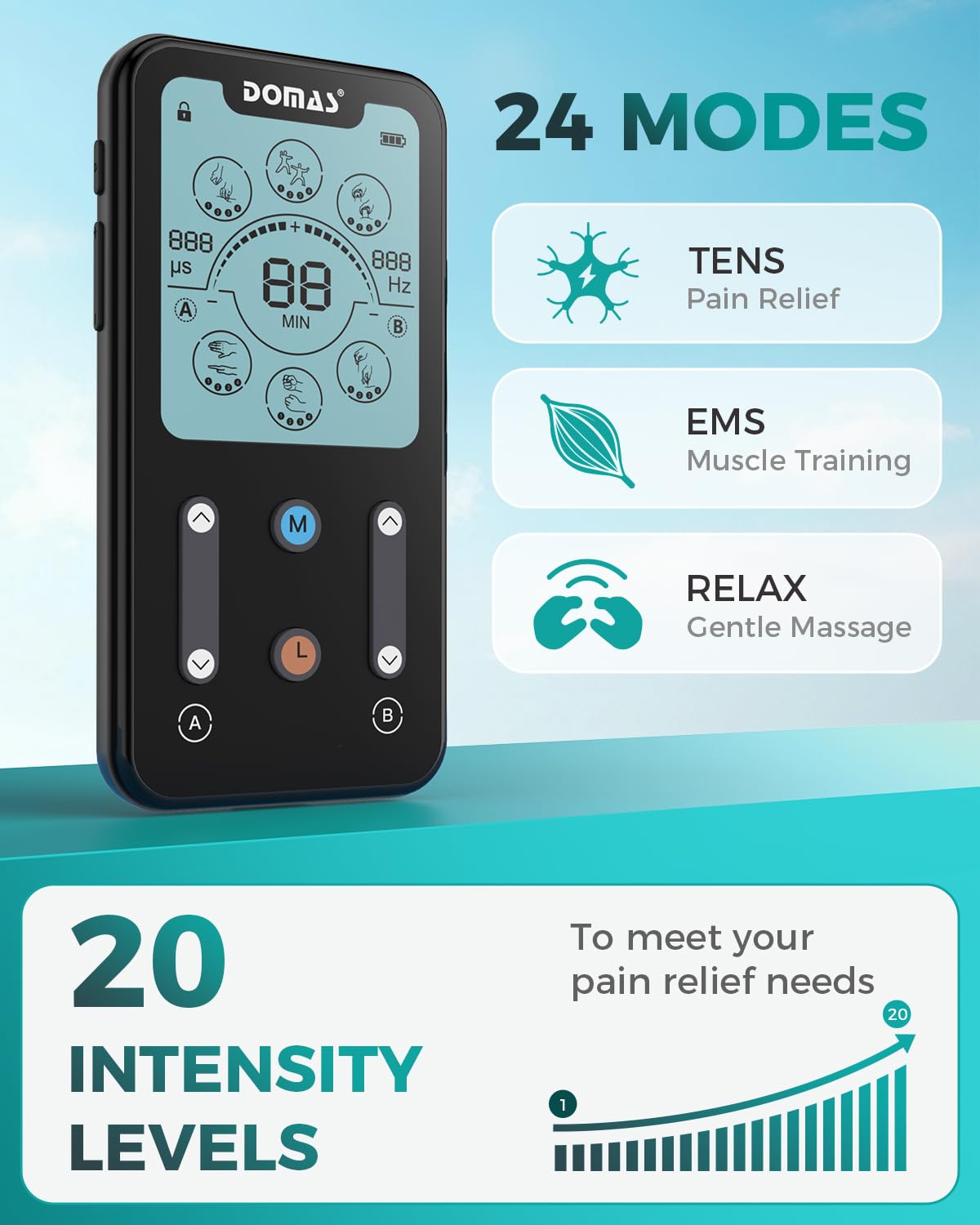 DOMAS TENS Unit Muscle Stimulator: 24 Modes Dual Channel EMS Machine with 24pcs Electrode Pads for Shoulder, Back Pain Relief, Suitable for Seniors, Office Workers, Fitness Enthusiasts and More — Amazon image 4