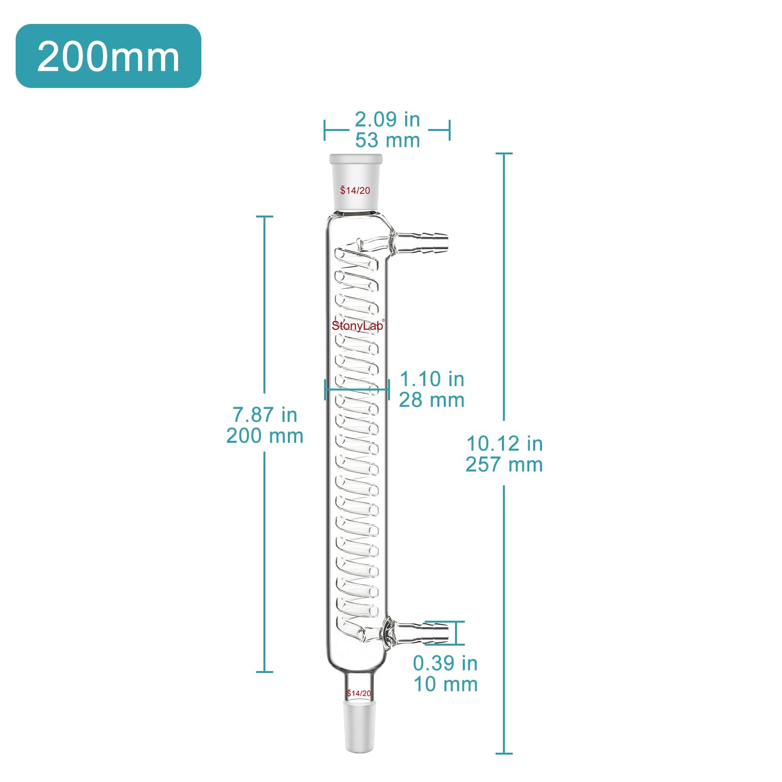 stonylab Condensatore Graham, Percorso di Raffreddamento Piccolo da 200 mm, Giunto 14/20, Vetreria da Laboratorio per Condensazione e Processo di Reflusso Microscale Precisi
