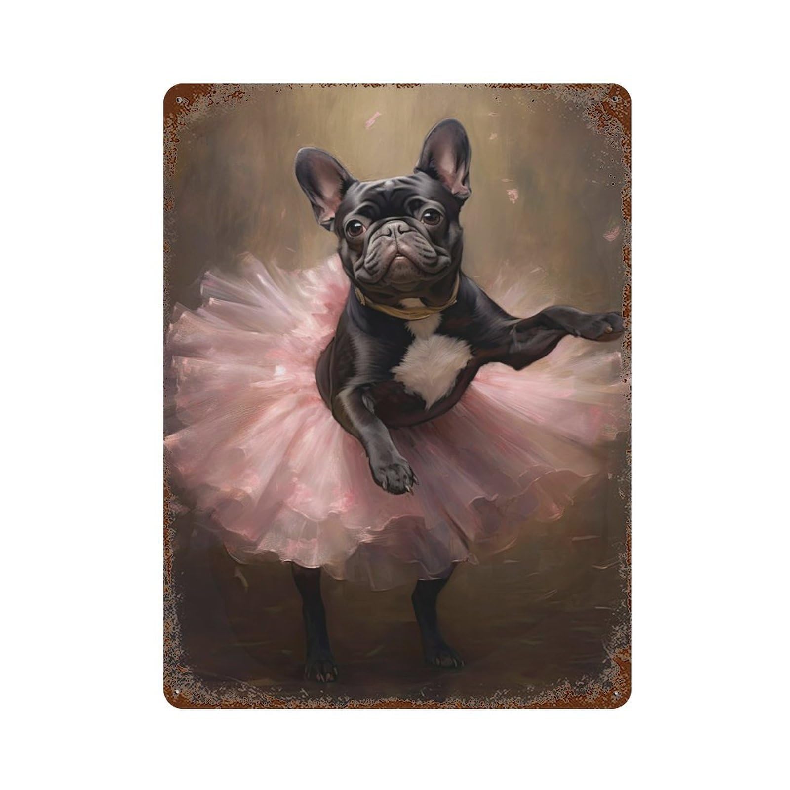 French Bulldog Ballerina Vintage Wall Sign 15.7"x11.8", Rust Effect Metal Decor for Basement, Hobby Room And Garage Decor
