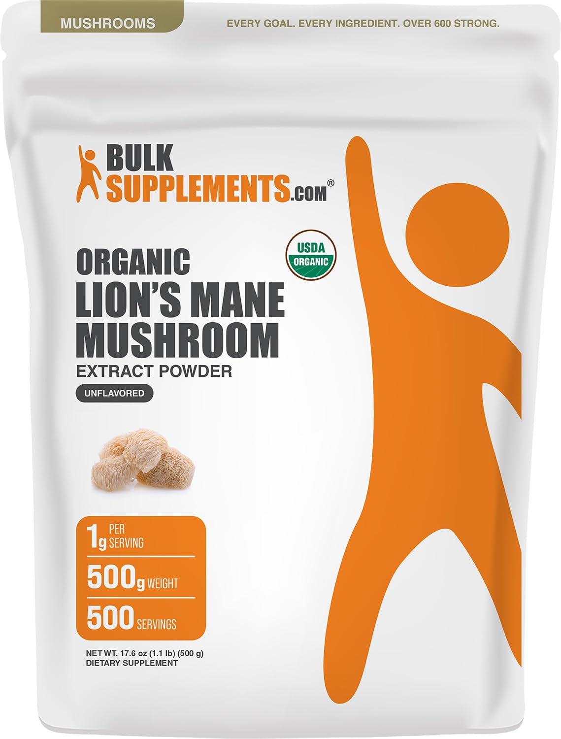 BulkSupplements.com Organic Lion's Mane Mushroom Extract Powder - Mushroom Supplement, Brain Supplement for Memory and Focus Support - Vegan, 1g per Serving, 500g (1.1 lbs) (Pack of 1) 17.64 Ounce (Pack of 1)