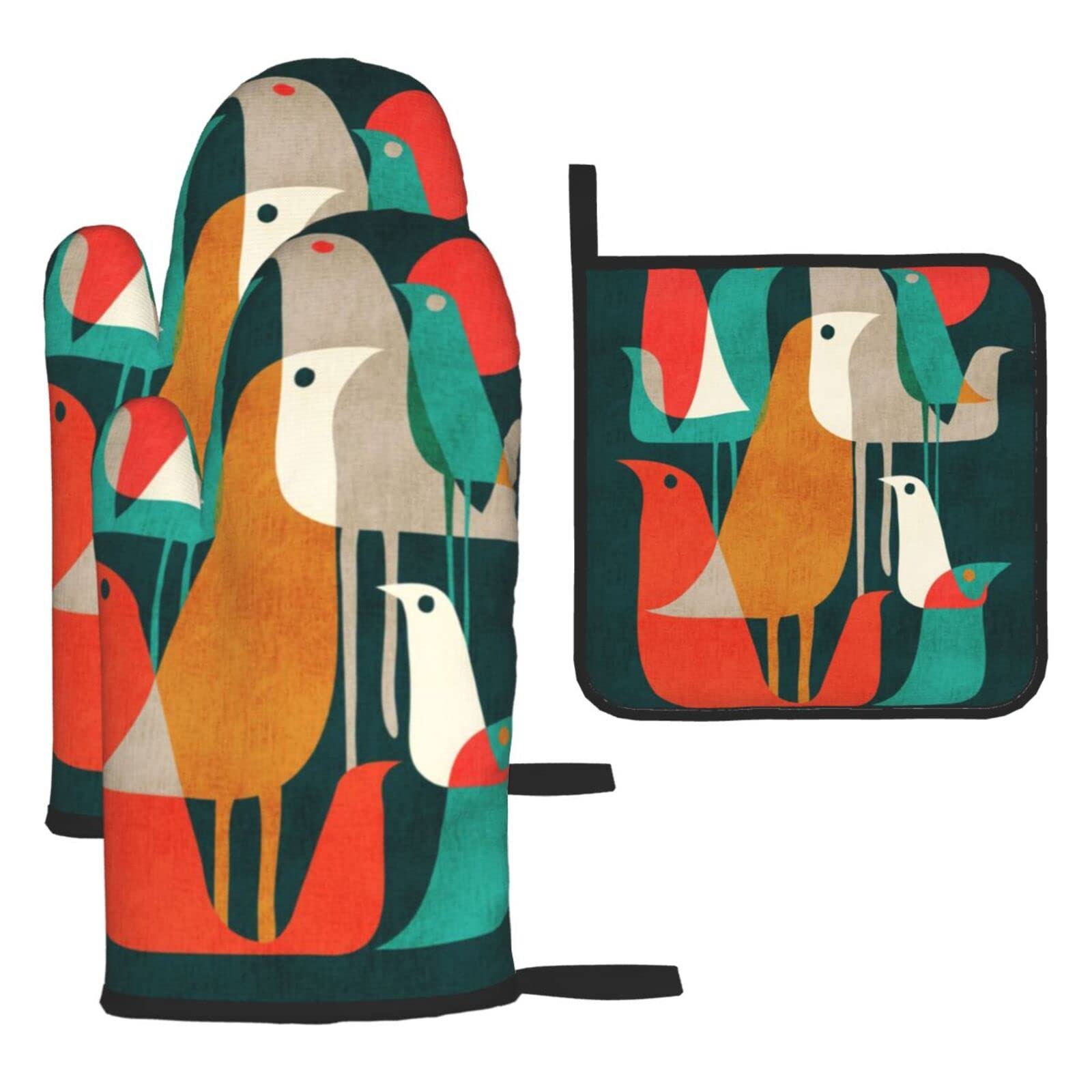 Flock of Birds Oven Mitts and Pot Holder Kitchen Set for Grilling, Cooking, Baking, Heat Resistant