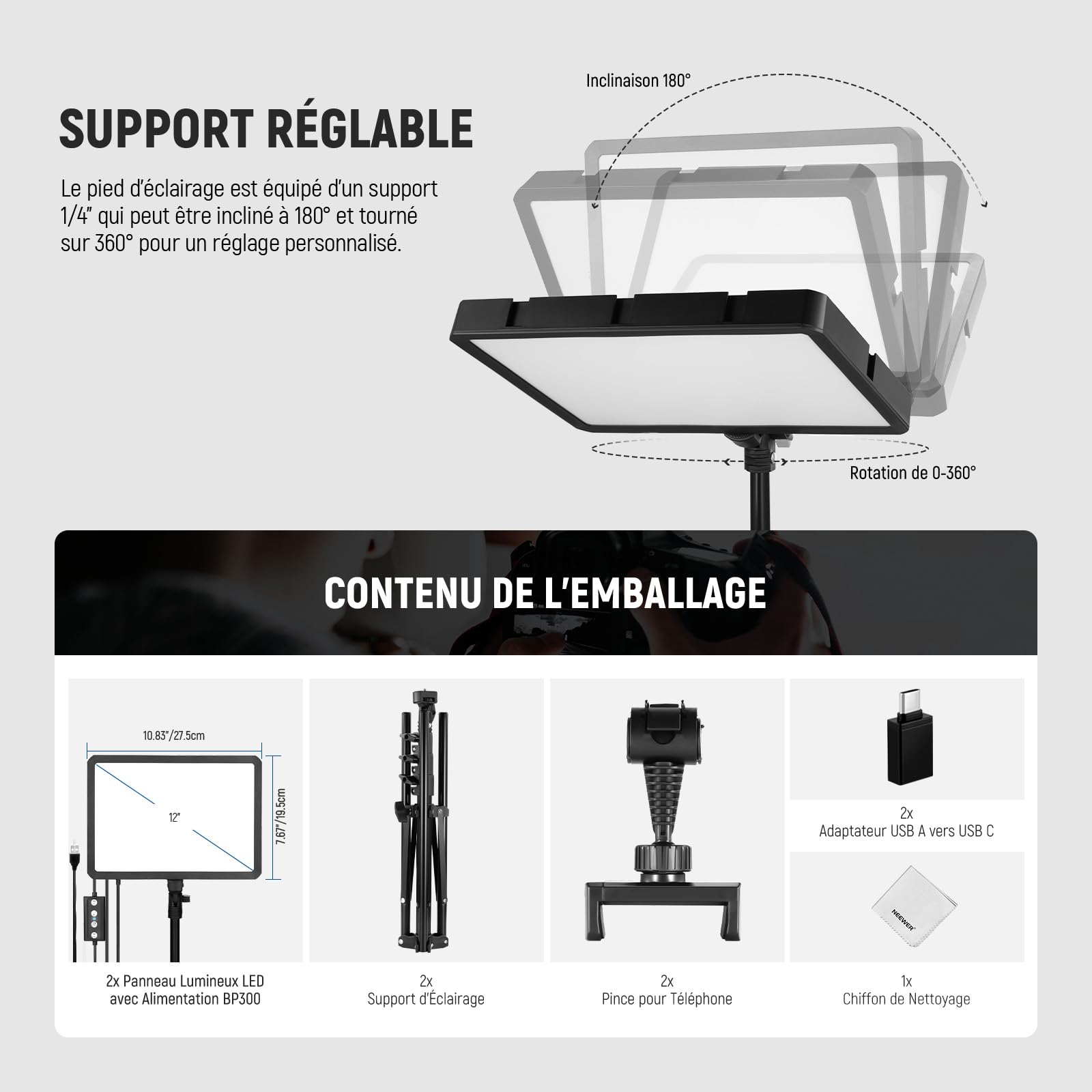 NEEWER BASICS Kit d'Lampe Photo, 2 Panneau LED, Bicolore 2700-6500K, Intensité Variable, avec 2 Trépieds de 59 pouces et 2 Supports de Téléphone,850lux pour Vidéo Photographie Tournage Streaming,BP300